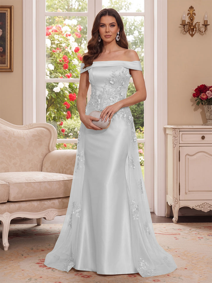 Trumpet/Mermaid Off-the-Shoulder Short Sleeves Floor-Length Mother of the Bride Dresses with Applique &amp; 3D Floral