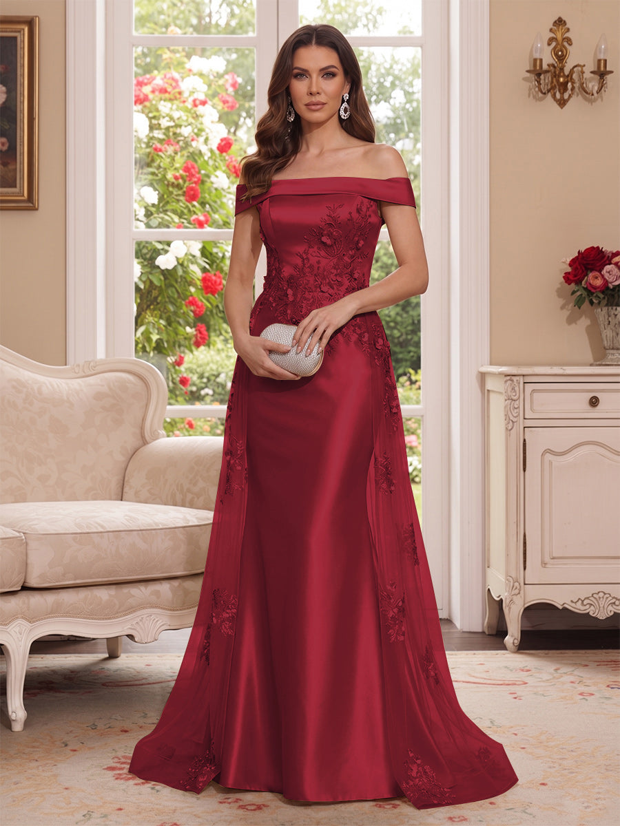Trumpet/Mermaid Off-the-Shoulder Short Sleeves Floor-Length Mother of the Bride Dresses with Applique &amp; 3D Floral
