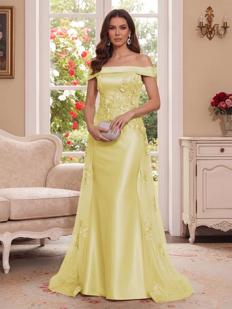 Trumpet/Mermaid Off-the-Shoulder Short Sleeves Floor-Length Mother of the Bride Dresses with Applique &amp; 3D Floral