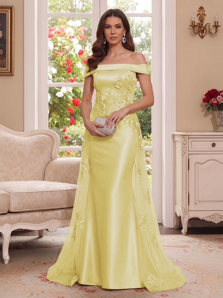 Trumpet/Mermaid Off-the-Shoulder Short Sleeves Floor-Length Mother of the Bride Dresses with Applique &amp; 3D Floral