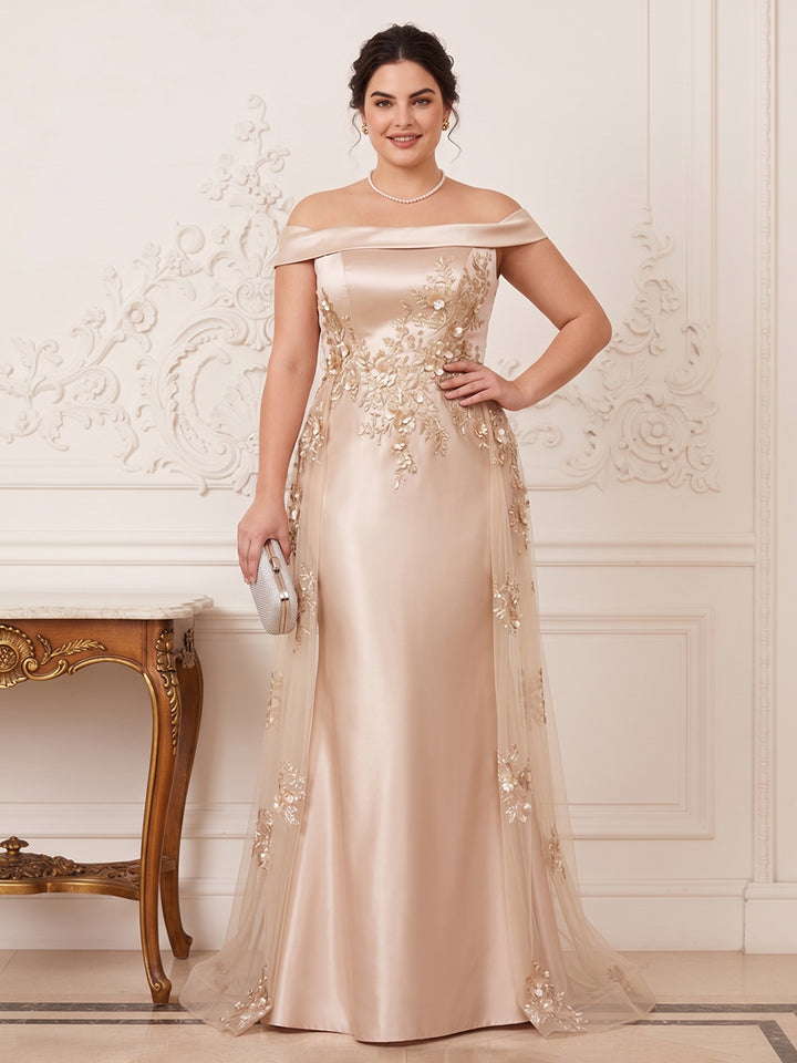 Trumpet/Mermaid Off-the-Shoulder Short Sleeves Floor-Length Plus Size Mother of the Bride Dresses with Applique &amp; 3D Floral