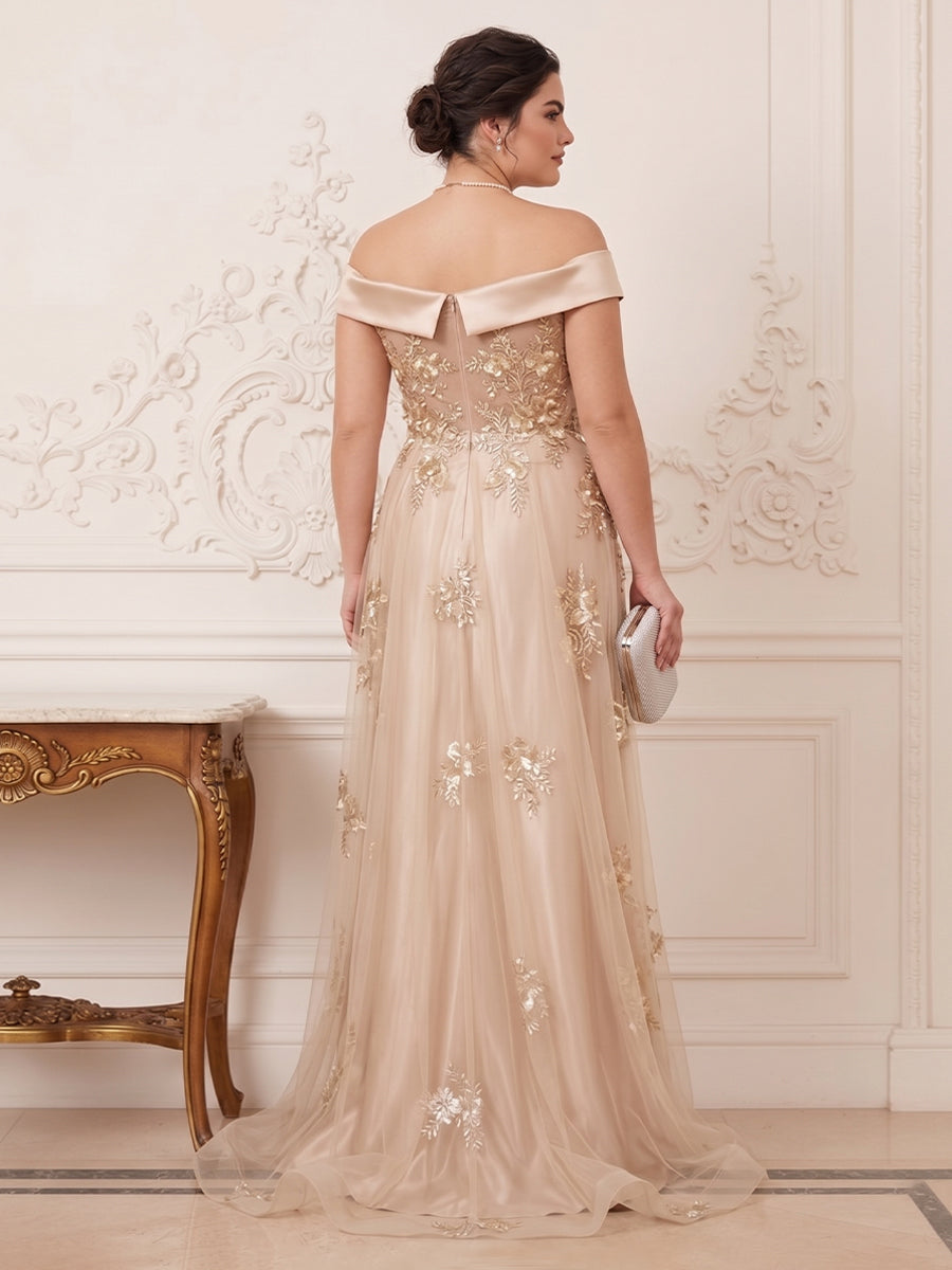 Trumpet/Mermaid Off-the-Shoulder Short Sleeves Floor-Length Plus Size Mother of the Bride Dresses with Applique &amp; 3D Floral