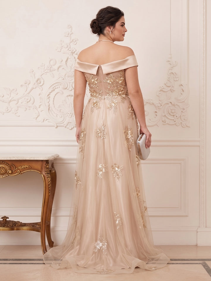 Trumpet/Mermaid Off-the-Shoulder Short Sleeves Floor-Length Plus Size Mother of the Bride Dresses with Applique &amp; 3D Floral