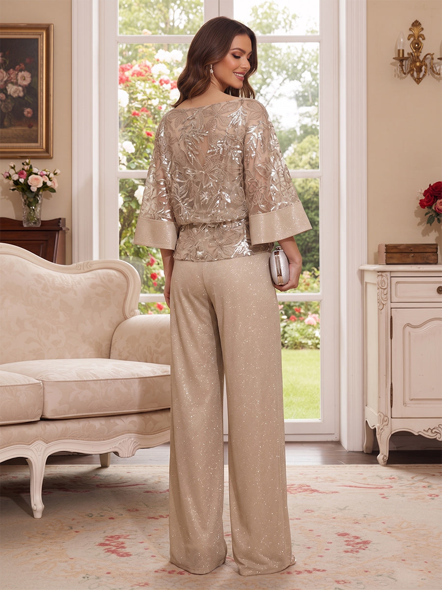 Jumpsuits 3/4 Sleeves Scoop Floor Length Mother of the Bride Dresses with Bowknot &amp; Appliques