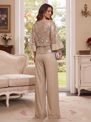 Jumpsuits 3/4 Sleeves Scoop Floor Length Mother of the Bride Dresses with Bowknot & Appliques
