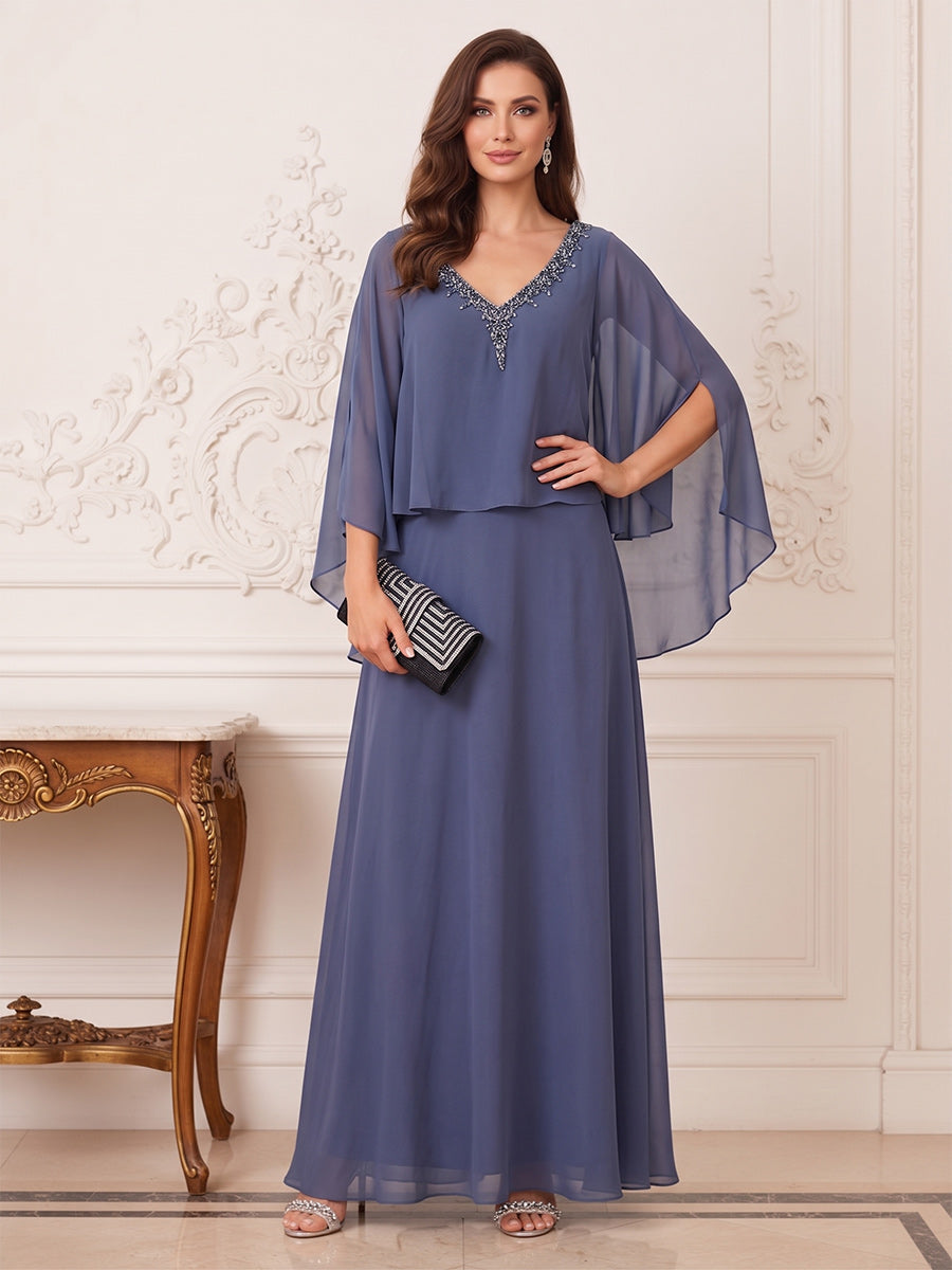 A-Line/Princess Flutter Sleeves  V-neck Floor-length Mother of the Bride Dresses with Beading &amp; Rhinestone