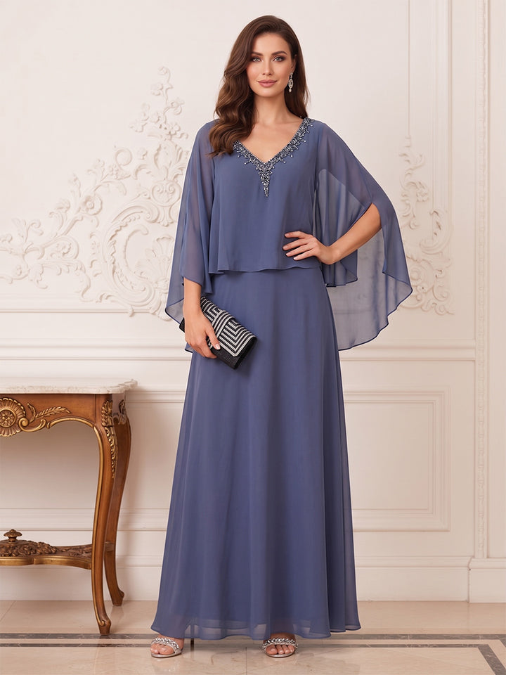 A-Line/Princess Flutter Sleeves  V-neck Floor-length Mother of the Bride Dresses with Beading &amp; Rhinestone