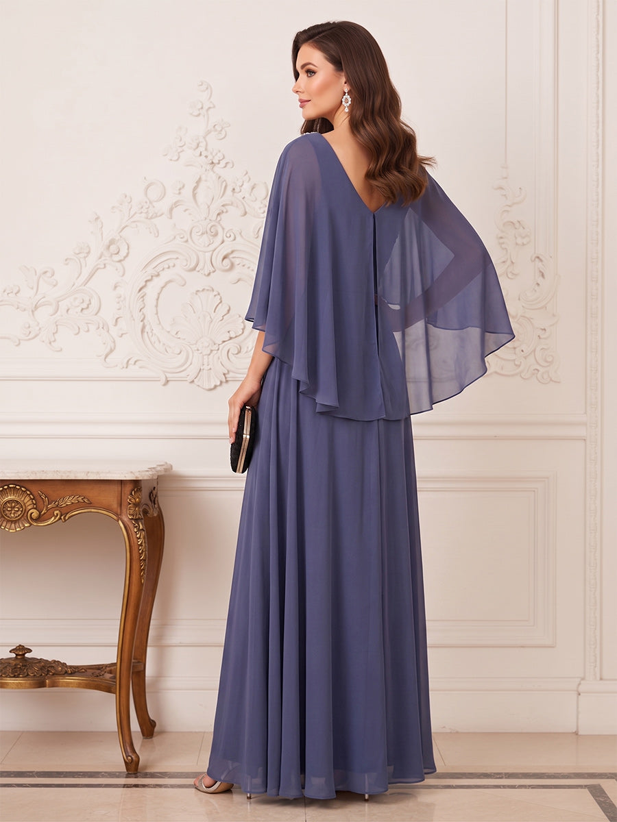 A-Line/Princess Flutter Sleeves  V-neck Floor-length Mother of the Bride Dresses with Beading &amp; Rhinestone