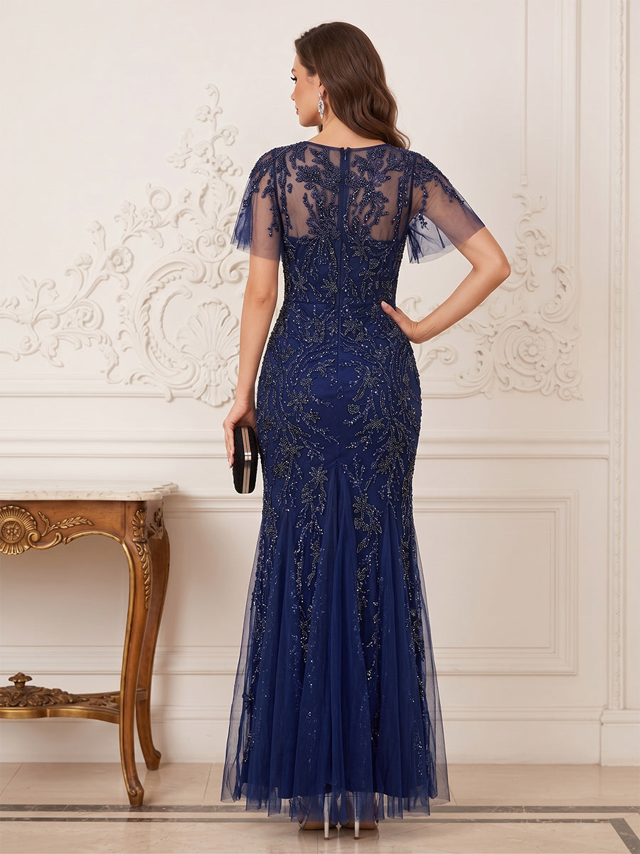 Sheath Column Flutter Sleeves Sweetheart Floor-Length Mother of the Bride Dresses with Applique &amp; Beading