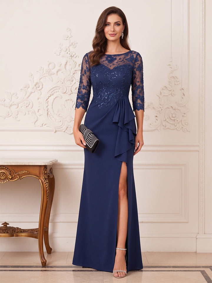 Trumpet/Mermaid Illusion Neck 3/4 Sleeves Floor-Length Mother of the Bride Dresses with Ruffles &amp; Applique