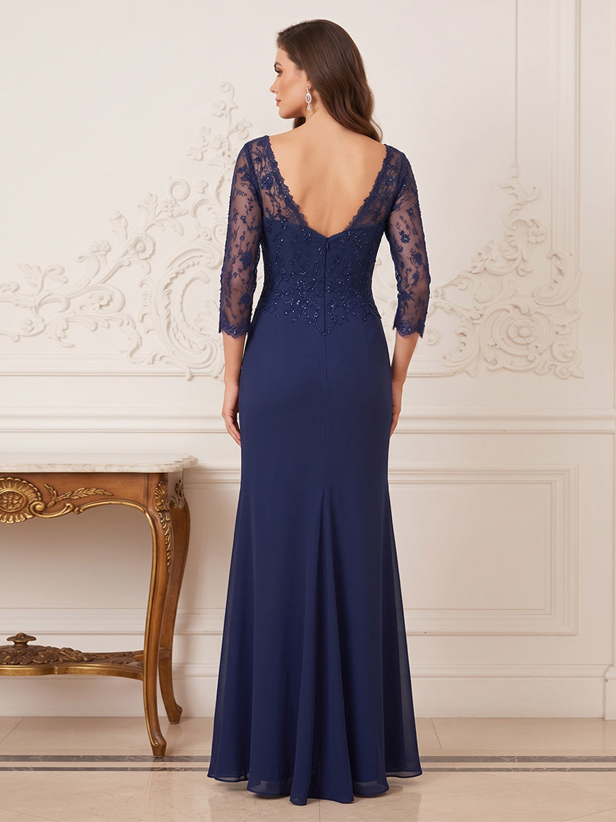Trumpet/Mermaid Illusion Neck 3/4 Sleeves Floor-Length Mother of the Bride Dresses with Ruffles &amp; Applique