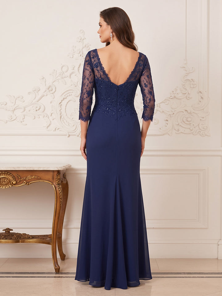 Trumpet/Mermaid Illusion Neck 3/4 Sleeves Floor-Length Mother of the Bride Dresses with Ruffles &amp; Applique