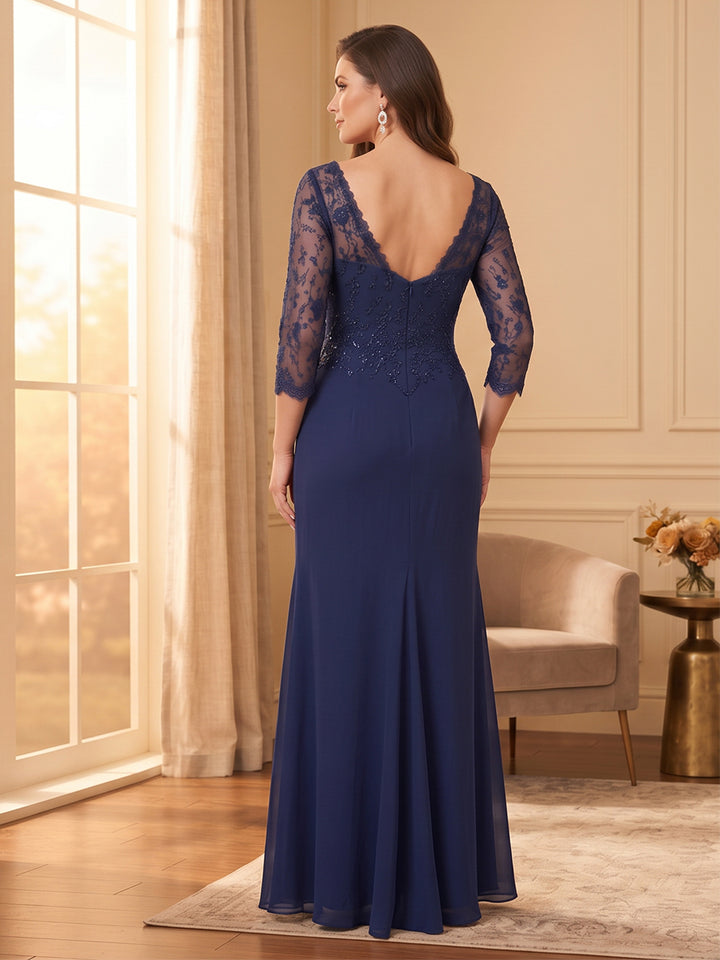 Trumpet/Mermaid Illusion Neck 3/4 Sleeves Floor-Length Plus Size Mother of the Bride Dresses with Ruffles &amp; Applique
