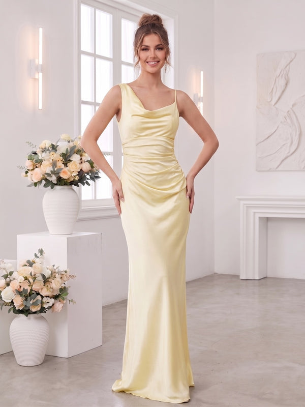 Sheath/Column Cowl Neck Asymmetrical Sleeveless Floor-Length Bridesmaid Dresses with Ruched