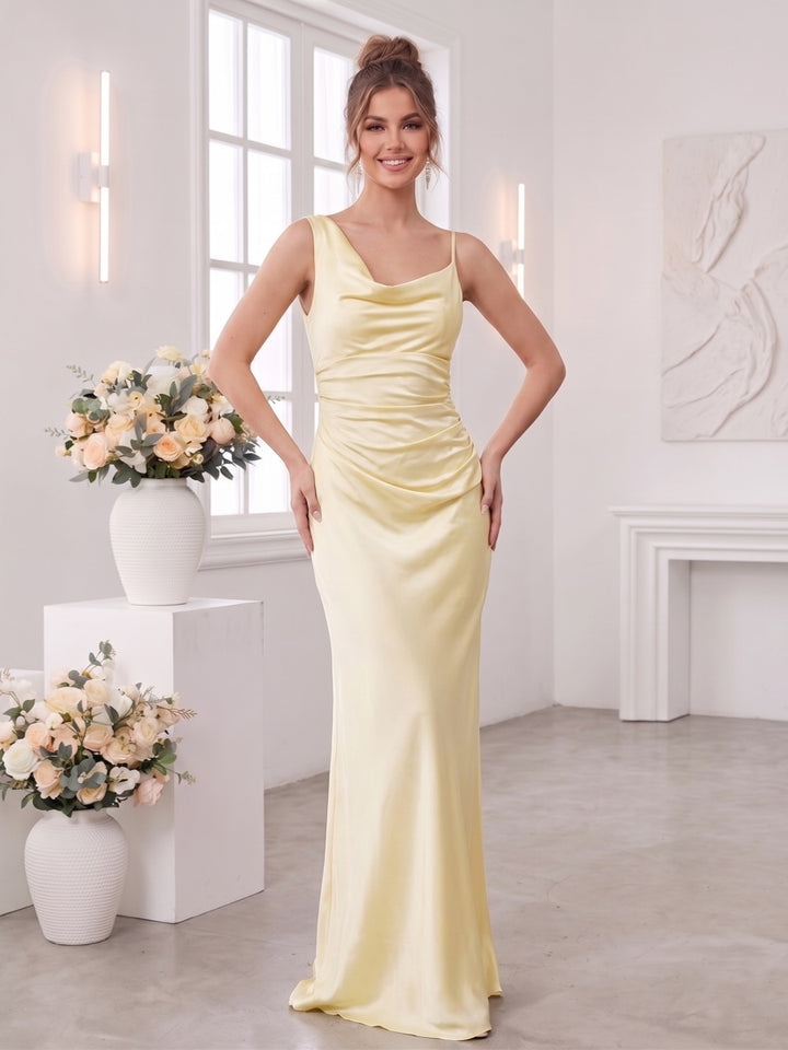 Sheath/Column Cowl Neck Asymmetrical Sleeveless Floor-Length Bridesmaid Dresses with Ruched