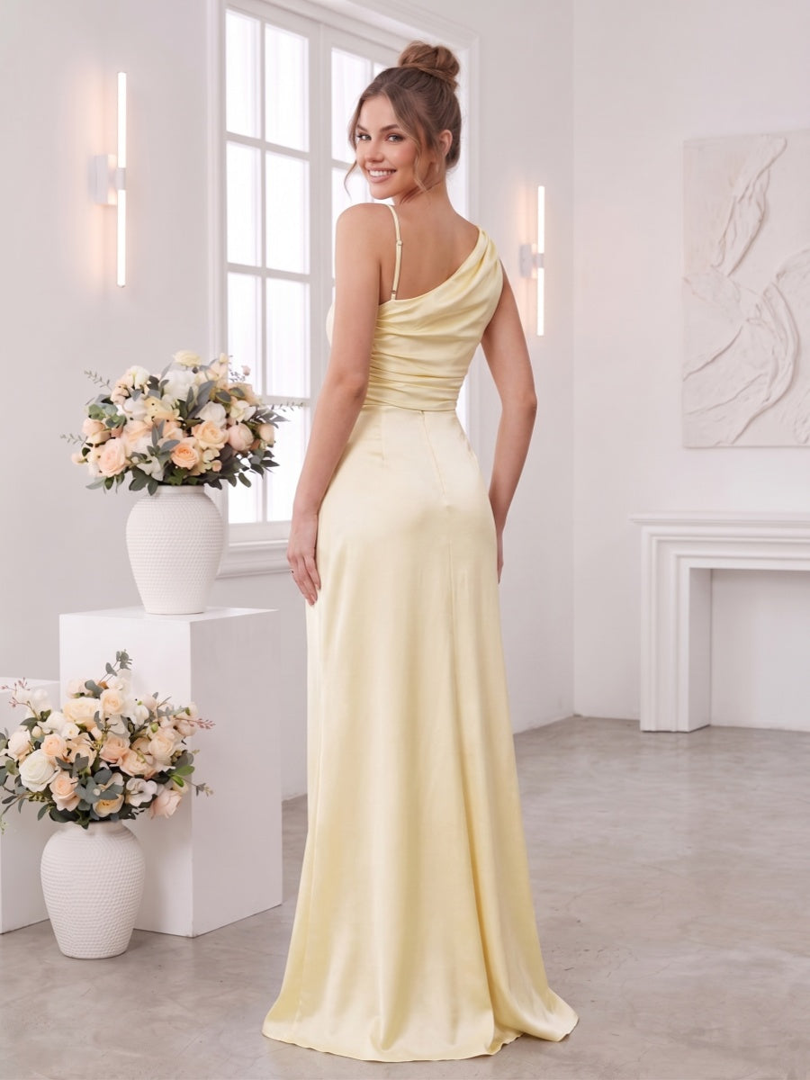 Sheath/Column Cowl Neck Asymmetrical Sleeveless Floor-Length Bridesmaid Dresses with Ruched