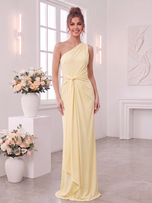 Sheath/Column One Shoulder Sleeveless Floor-Length Bridesmaid Dresses with Ruched & Ruffles