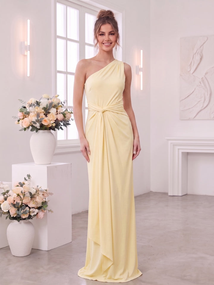 Sheath/Column One Shoulder Sleeveless Floor-Length Bridesmaid Dresses with Ruched &amp; Ruffles