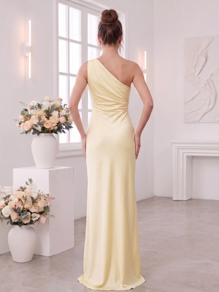 Sheath/Column One Shoulder Sleeveless Floor-Length Bridesmaid Dresses with Ruched &amp; Ruffles