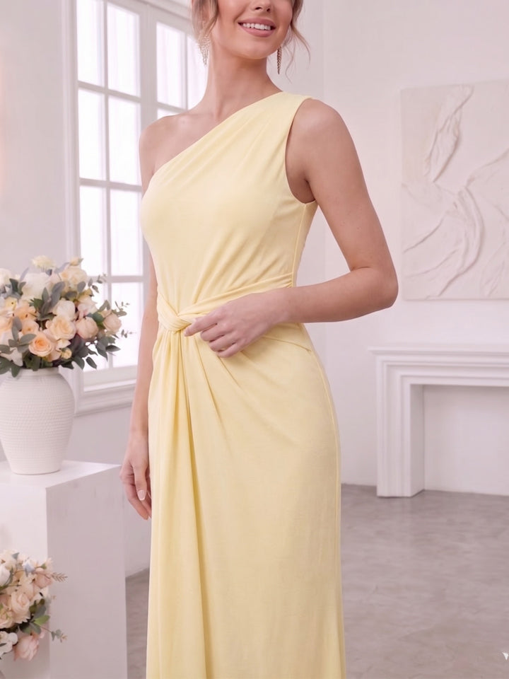 Sheath/Column One Shoulder Sleeveless Floor-Length Bridesmaid Dresses with Ruched &amp; Ruffles