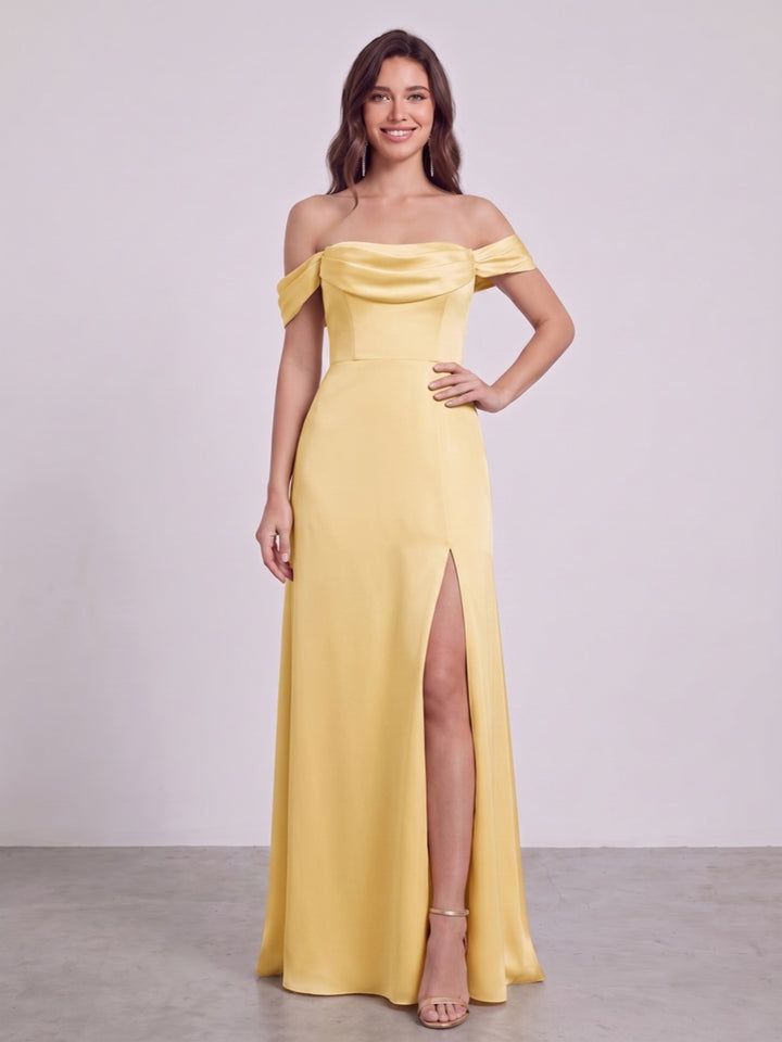 Sheath/Column Off-the-Shoulder Short Sleeves Floor-Length Bridesmaid Dresses with Ruched &amp; Split Side