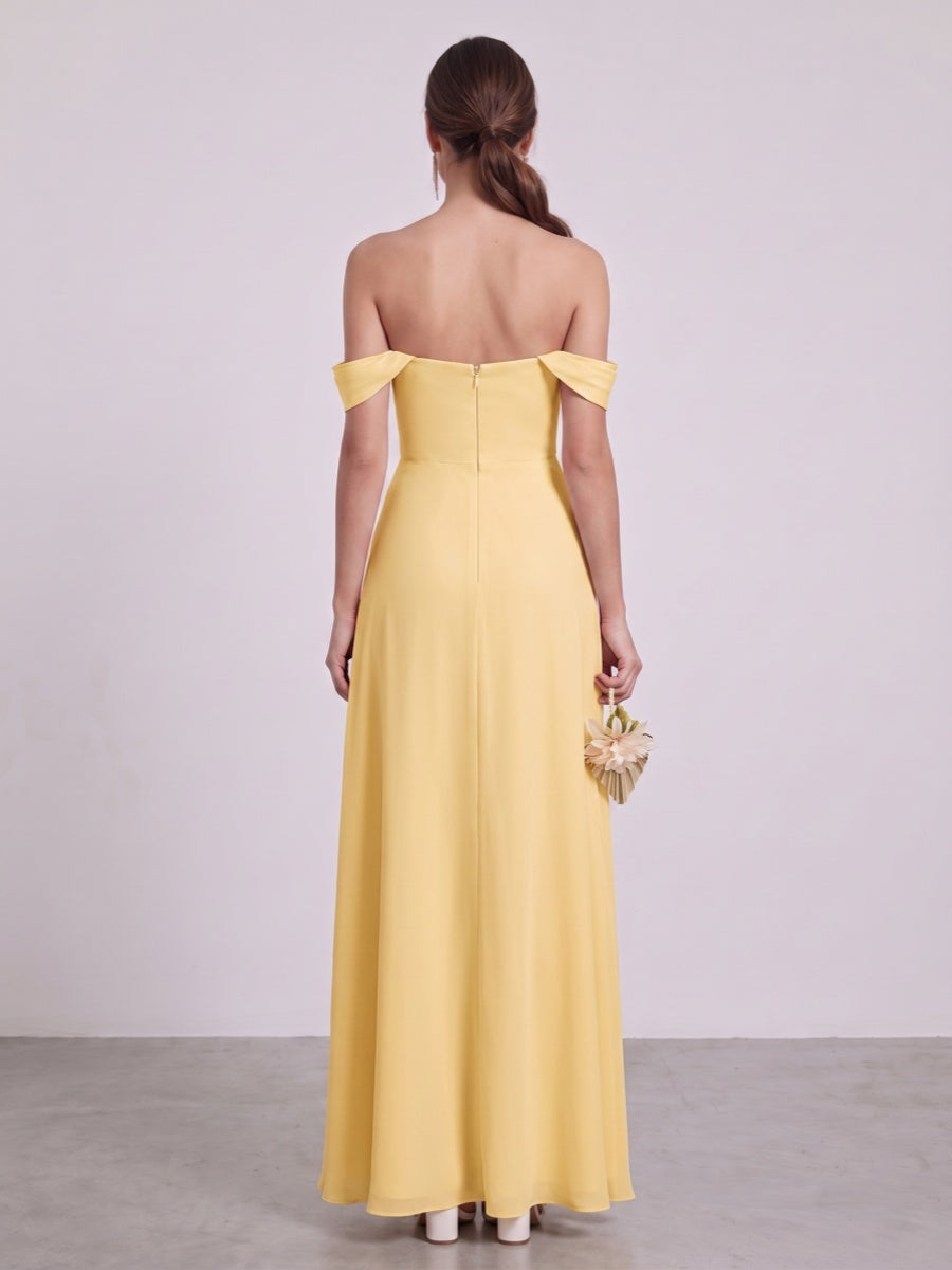 Sheath/Column Off-the-Shoulder Short Sleeves Floor-Length Bridesmaid Dresses with Ruched &amp; Split Side