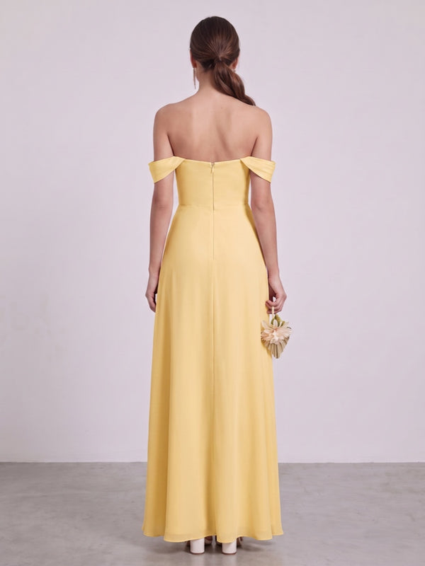 Sheath/Column Off-the-Shoulder Short Sleeves Floor-Length Bridesmaid Dresses with Ruched & Split Side
