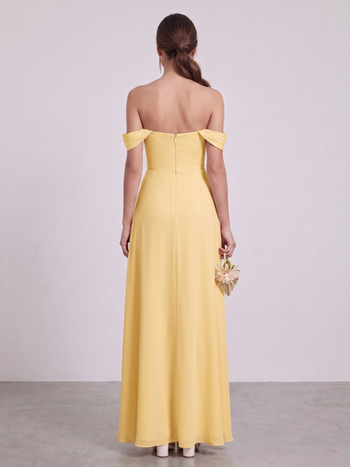 Sheath/Column Off-the-Shoulder Short Sleeves Floor-Length Bridesmaid Dresses with Ruched &amp; Split Side