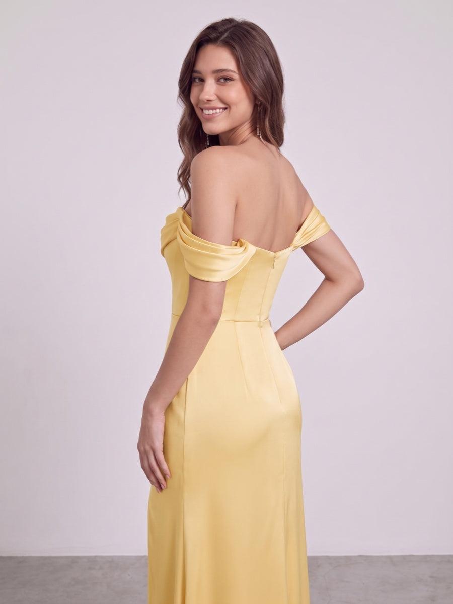 Sheath/Column Off-the-Shoulder Short Sleeves Floor-Length Bridesmaid Dresses with Ruched &amp; Split Side