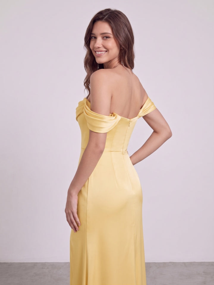 Sheath/Column Off-the-Shoulder Short Sleeves Floor-Length Bridesmaid Dresses with Ruched &amp; Split Side