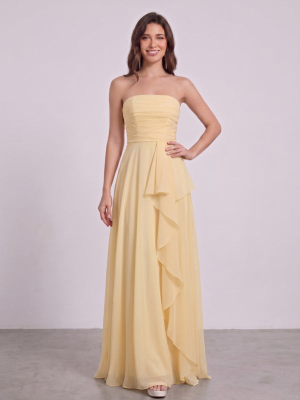 A-Line/Princess Strapless Sleeveless Floor-Length Bridesmaid Dresses with Ruffles & Ruched
