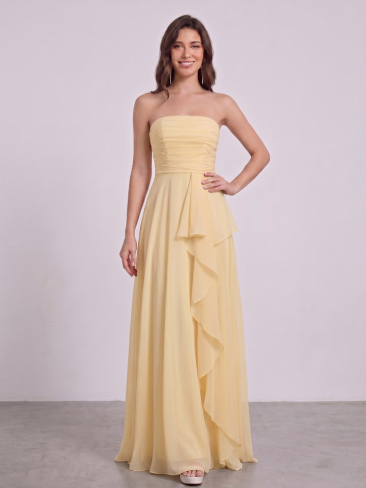 A-Line/Princess Strapless Sleeveless Floor-Length Bridesmaid Dresses with Ruffles &amp; Ruched