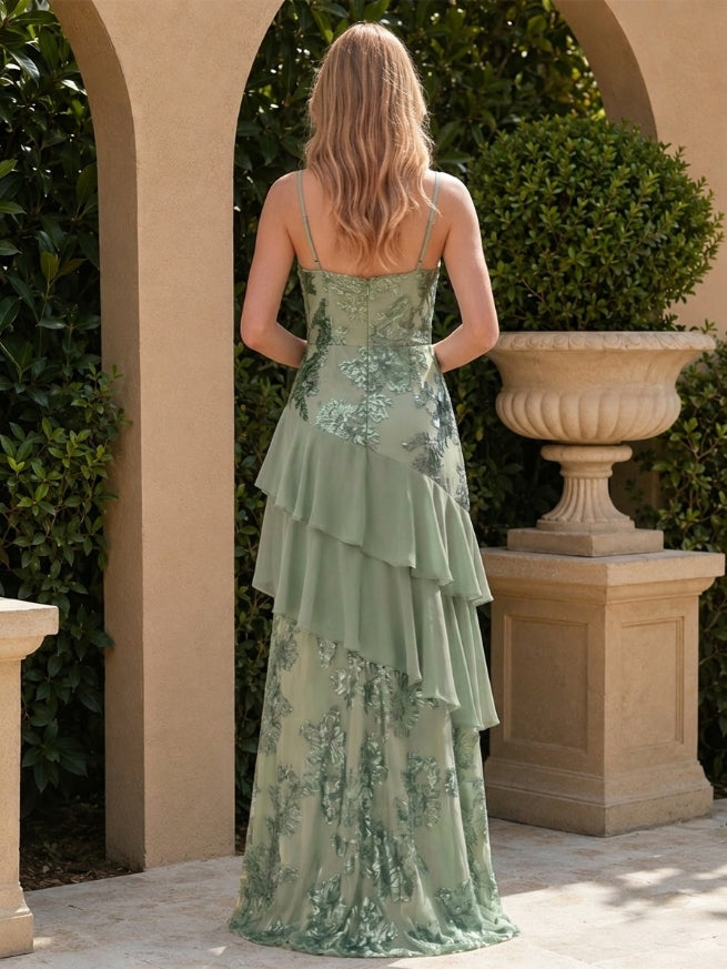 A-Line/Princess Spaghetti Straps Sleeveless Floor-Length Bridesmaid Dresses with Ruffles &amp; Applique