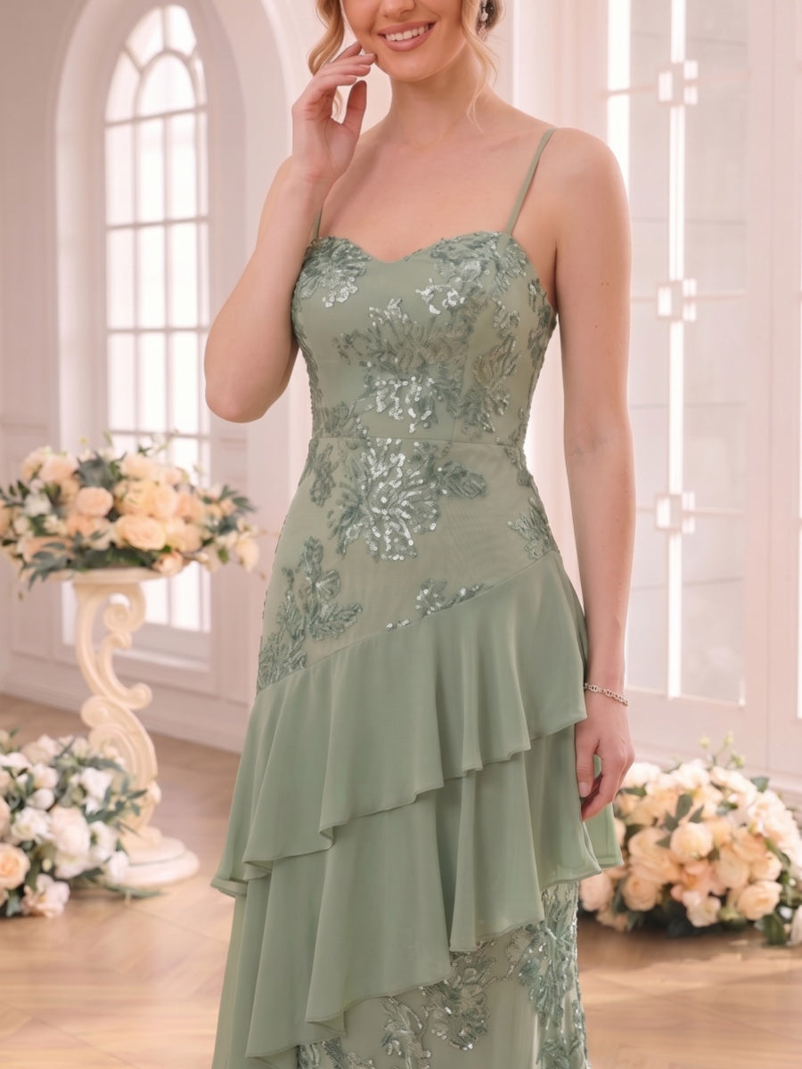 A-Line/Princess Spaghetti Straps Sleeveless Floor-Length Bridesmaid Dresses with Ruffles &amp; Applique