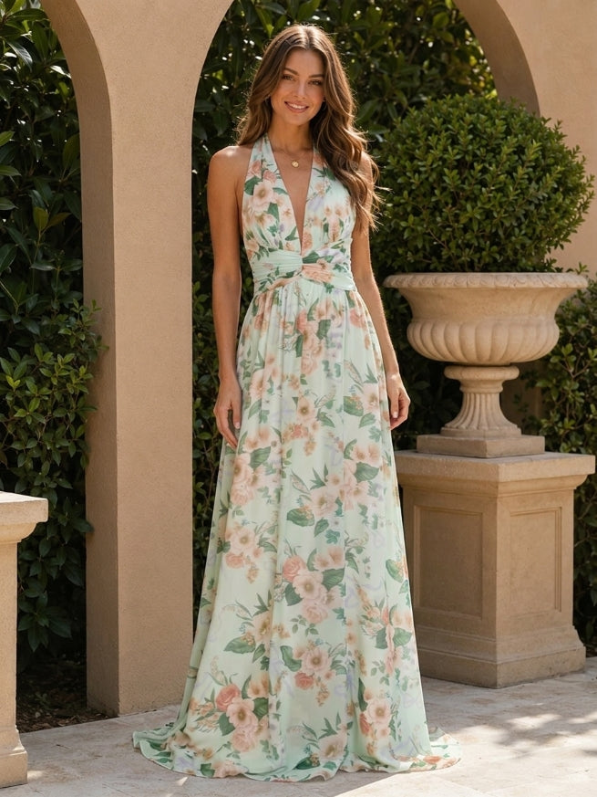 A-Line/Princess Halter Sleeveless Floor-Length Bridesmaid Dresses with Ruched