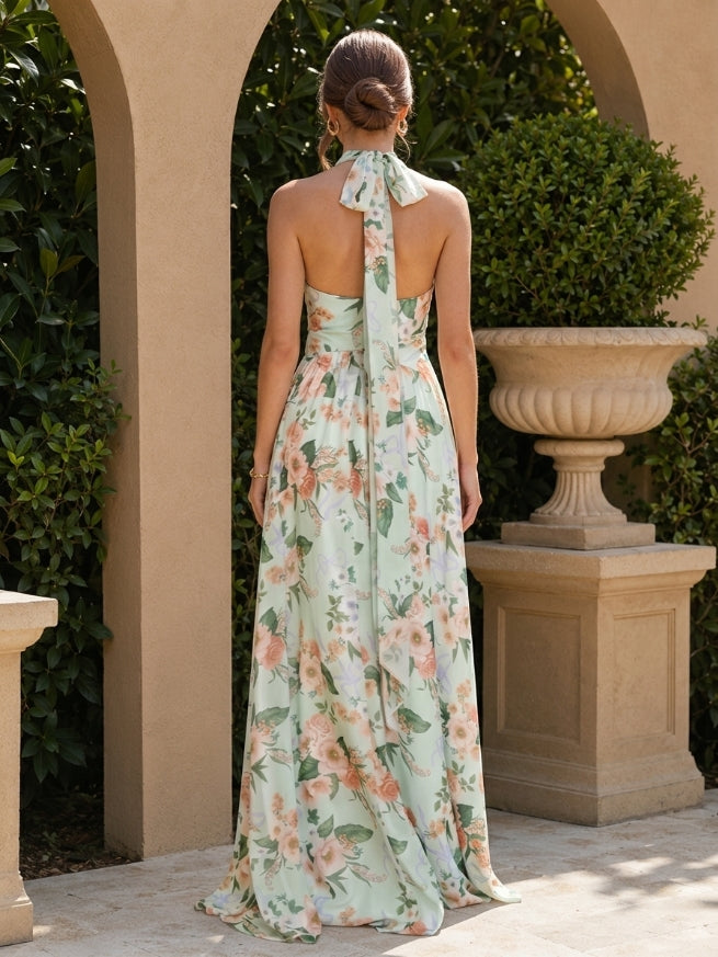 A-Line/Princess Halter Sleeveless Floor-Length Bridesmaid Dresses with Ruched