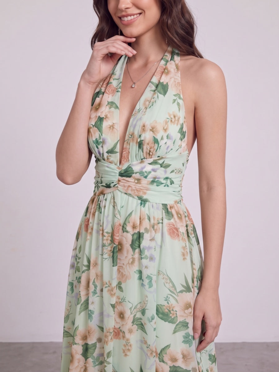 A-Line/Princess Halter Sleeveless Floor-Length Bridesmaid Dresses with Ruched
