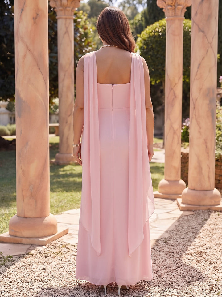 Sheath/Column Square Neck Sleeveless Chiffon Floor-Length Plus Size Bridesmaid Dresses with Scarf