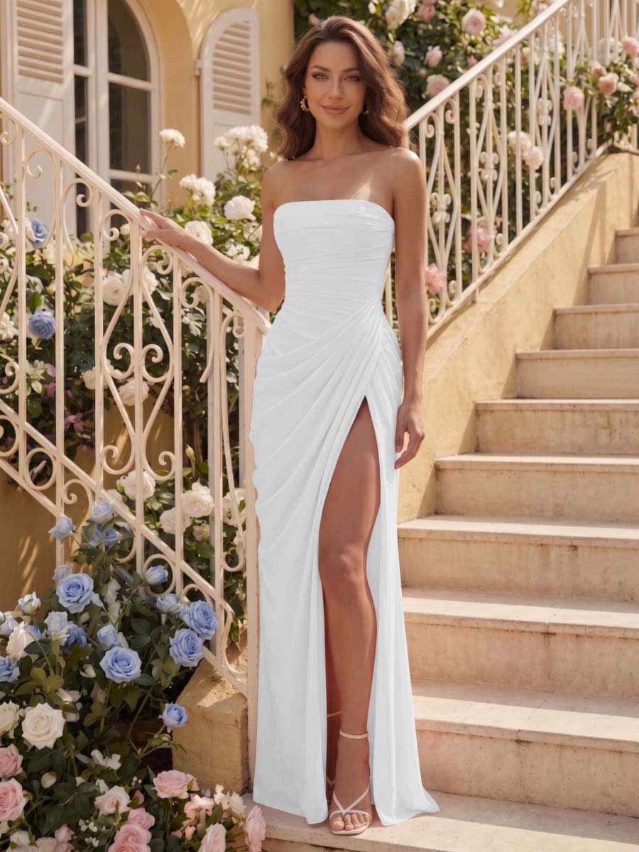 Sheath/Column Strapless Sleeveless Floor-Length Bridesmaid Dresses with Ruched &amp; Split Side