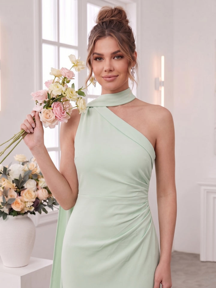 Sheath/Column One Shoulder  Sleeveless Floor-Length Bridesmaid Dresses with Scarf