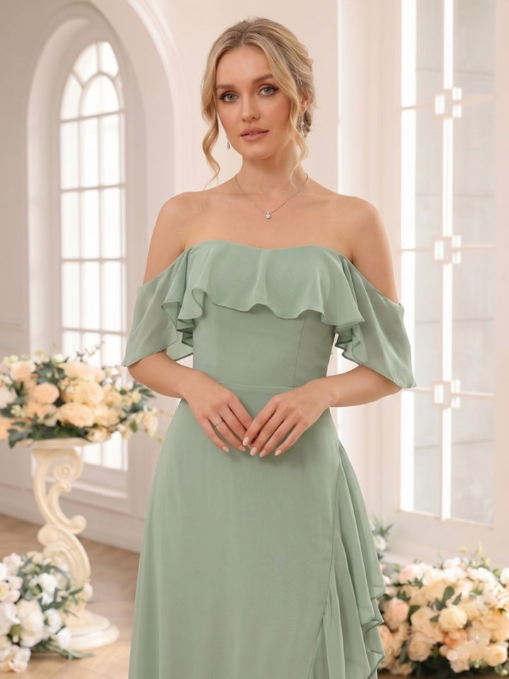 A-Line/Princess Off-the-Shoulder Sleeveless Floor-Length Bridesmaid Dresses with Ruffles &amp; Split Side