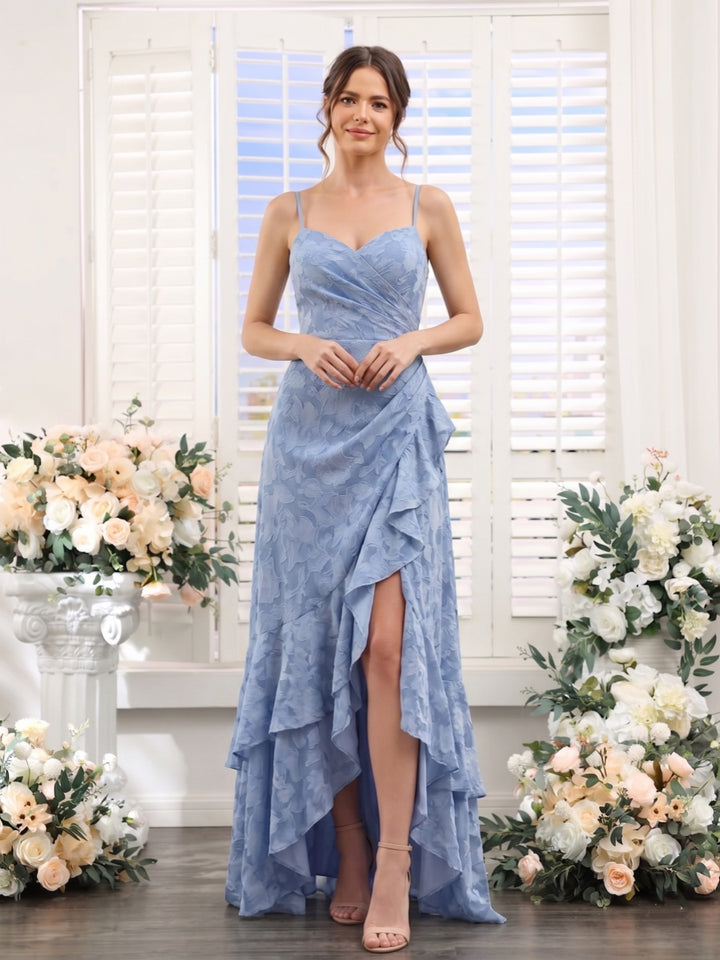 A-Line/Princess Spaghetti Straps Sleeveless Floor-Length Bridesmaid Dresses with Ruffles &amp; Split Side