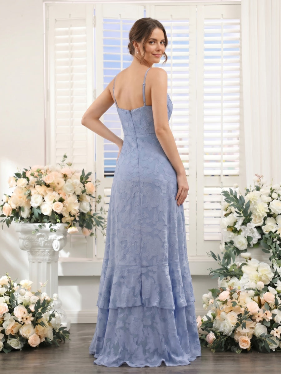 A-Line/Princess Spaghetti Straps Sleeveless Floor-Length Bridesmaid Dresses with Ruffles &amp; Split Side