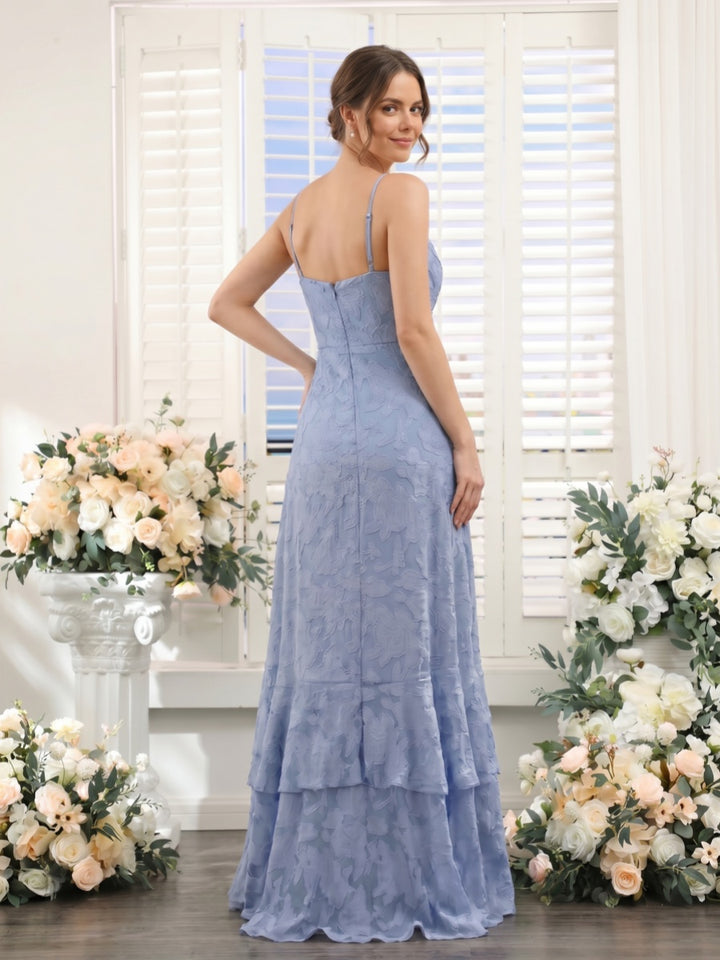 A-Line/Princess Spaghetti Straps Sleeveless Floor-Length Bridesmaid Dresses with Ruffles &amp; Split Side