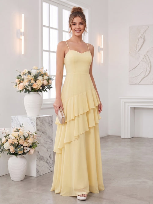 A-Line/Princess Spaghetti Straps Sleeveless Floor-Length Bridesmaid Dresses with Ruffles