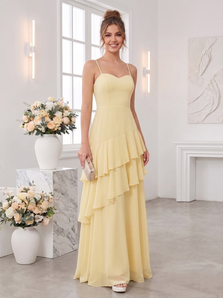 A-Line/Princess Spaghetti Straps Sleeveless Floor-Length Bridesmaid Dresses with Ruffles
