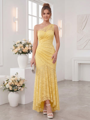 Trumpet/Mermaid One-Shoulder Sleeveless Asymmetrical Bridesmaid Dresses with Lace & Applique
