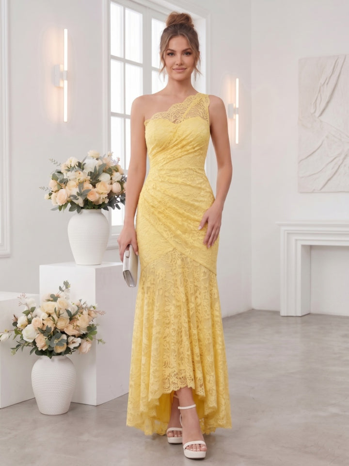 Trumpet/Mermaid One-Shoulder Sleeveless Asymmetrical Bridesmaid Dresses with Lace &amp; Applique
