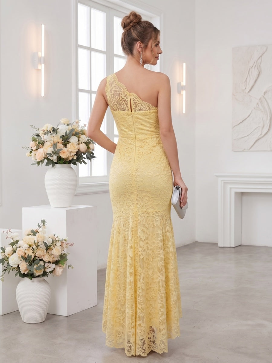 Trumpet/Mermaid One-Shoulder Sleeveless Asymmetrical Bridesmaid Dresses with Lace &amp; Applique
