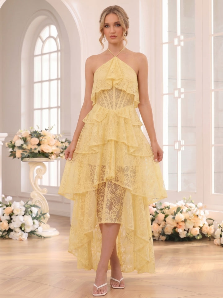 A-Line/Princess Halter Sleeveless Asymmetrical Bridesmaid Dresses with Ruffles &amp; Lace